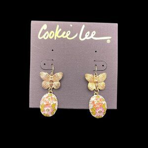 Vintage Cookie Lee Earrings Dangle Butterfly Floral Egg Cloisonné Gold Tone NEW‎